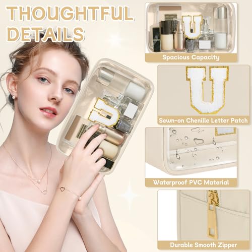 Initial Clear Makeup Bag, Birthday Gift Preppy Chenille Patch Cosmetic Bag, Initial Travel Essentials Beach Toiletry Pouch, Ideal Gift for Teachers & Moms, Women and Girls (Beige, U) - color: Beige, style: U