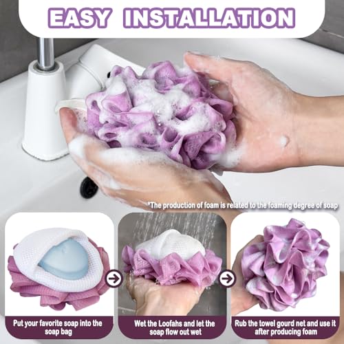 3 Pack Bath Loofah Shower with Soap Bags, Dual-Use Exfoliating Bath Sponges Soap Saver for Women & Men, Gentle Body Scrubber (White, Gray, Purple)