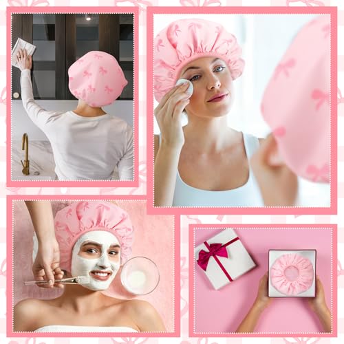 Janmercy Terry Lined Shower Cap for Women Pink Bow Extra Large Waterproof Shower Cap Reusable Double Layer Large Bath Hair Bonnet Washable Quick Dry for Braids Long Straight Curly Hair Women Gifts - color: Flat Bow, style: Pink Bow