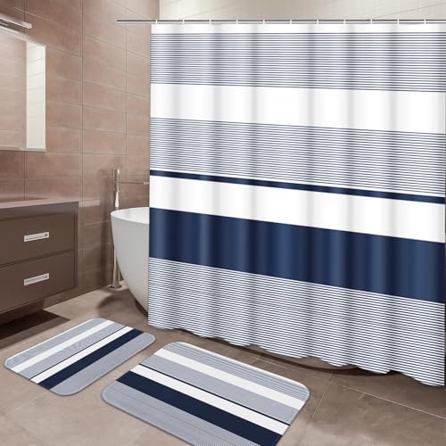 ArtSocket Navy Blue Striped Bathroom Set with Shower Curtain and Bath Rugs and Accessories,Boho Modern Non-Slip Shower Curtain Set,Bathroom Decor 3 Pcs - color: Navy Blue Striped
