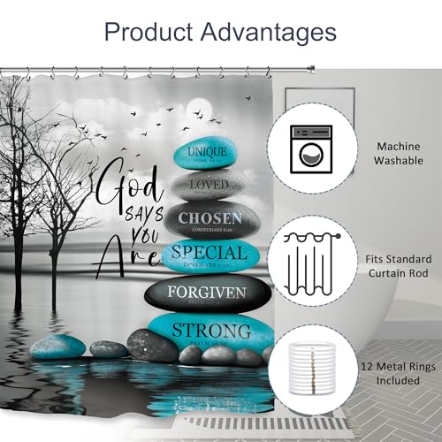 Teal Zen Spa Shower Curtain 60Wx72L Inch Quotes Meditation Inspirational Motivational Bible Positive Bathroom Set Accessories Decor with 12 Pack Hooks - color: Teal Zen, size: 60"W x 72"L (Pack of 1)