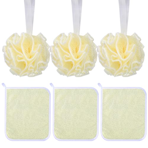 6 Pcs Exfoliating Washcloth and Loofah Sponge Set, Dual-Sided Cleaning Washcloth, Mini Mesh Shower Pouf Balls 35g for Women Bath Body Face Shower