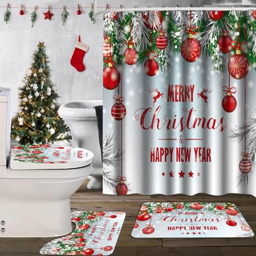 Merry Christmas Shower Curtain Bathroom Sets 4 Pieces, Red Lantern Shower Curtain with Toilet Lid Cover and Rugs, Waterproof Happy New Year Xmas Curtain for Bath Toilet Restroom Home Decorations - color: Merry Christmas
