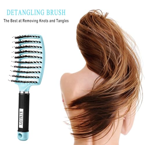 KTKUDY Detangling Brush Boar Bristles Hairbrush Make Hair Shiny & Healthier Curved and Vented Detangler Brush for Women Men Kids Wet and Dry Hair (light Blue) - color: light blue