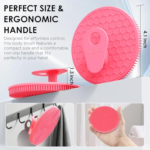 INNERNEED Food-Grade Silicone Body Scrubber Gentle Cleansing Brush with Exfoliating Net Sponge Bath Scrubbing Washcloth Case, More Hygienic and Well Lather (Pink Set) - color: (Set4) Pinkset