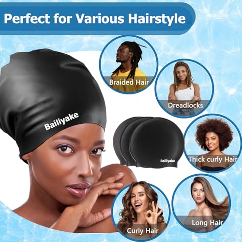 3 Pack Extra Large Swim Cap for Braids & Dreadlocks - Waterproof Silicone Swim Hat for Women with Long Thick Hair, Protective Swim Cap Cover Ears for Swimming, Shower, Bathing - color: Black+Black+Black