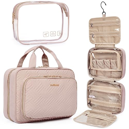 BAGSMART Toiletry Bag Hanging Travel Makeup Organizer with TSA Approved Transparent Cosmetic Bag Makeup Bag for Full Sized Toiletries, Large-Pink - color: Pink, size: Large