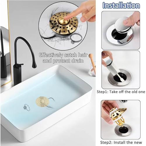 AzWzz Bathroom Sink Drain Strainer, 3 in 1 Pop Up Bathroom Sink Stopper Plug with Hair Catcher Cover, Universal for 1.06 in to 1.6 in Sink Drain, Brushed Gold - color: Brushed Gold, style: Bathroom Sink Stopper with Hair Catcher