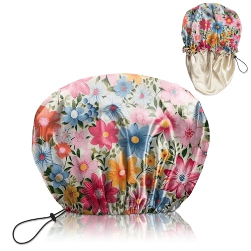 Luxury Shower Cap Satin Lined Reusable Waterproof Double Layer Elastic Adjustable Hair Bath Cap Cute Aesthetic Women Girls-Flowers - color: F12-Flowers