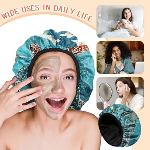Luxury Shower Cap Terry Lined Reusable Triple Layer Waterproof Hair Elastic Caps Shower Bath Hat for Women Girls Cute Aesthetic-Sea Turtle - color: AL4-Sea Turtle