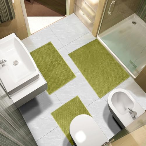 Urvoix Bathroom Rugs Sets 3 Piece, Non-Slip Chenille Bath Rug - Ultra Soft, Washable, Super Absorbent Bath Mat for Bathroom, Toilet and Tub (Moderate Olive) - color: Moderate Olive