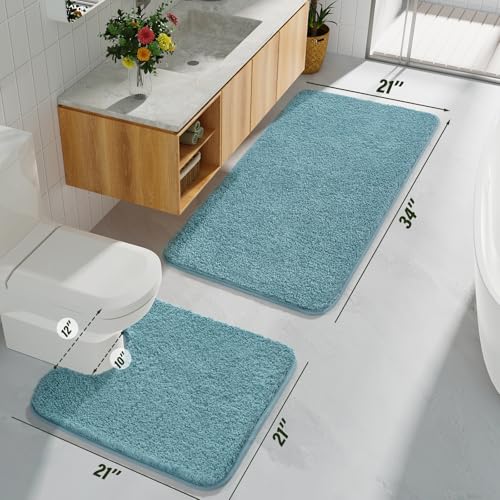 HOMORE Bathroom Rug Set 2 Piece, Soft Absorbent Bath Mats Set,Machine Washable Spa Blue Bath Rug Sets for Bathroom Non Slip,(21"x34"+21"x21") Plush Shaggy U Shape Contour Toilet - color: Spa Blue