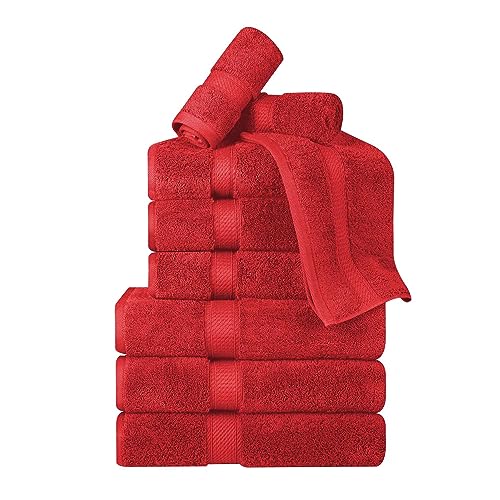 BLUENILEMILLS BNM Madeline Egyptian Cotton Heavyweight Towels, Ideal for Shower, Spa, Hotel, 800 GSM, Face/Washcloths, Hand Towels, Bath Towels, Highly-Absorbent, Luxury, 9 Piece Towel Set, Red - color: Red, size: 9-Piece Towel Set