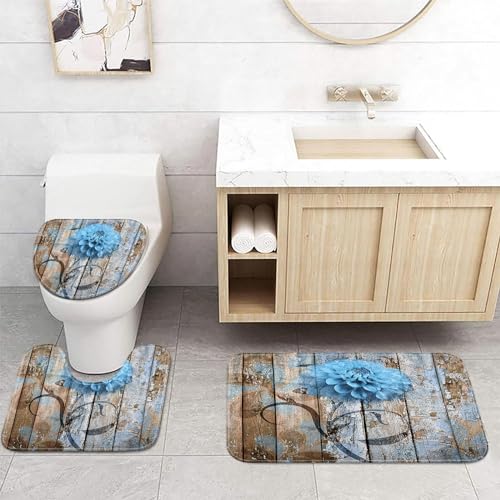 JAWO Farmhouse Floral Flower Bath Mat, Dahlia on Rustic Wooden Plank Country Barn Wood Blue Flower Bath Mat Sets, U-Shaped for Bathroom Rugs, Toilet Mats, Non-Slip Shower Mat - color: Blue, size: 1'3" x 1'6" (U-Shaped)