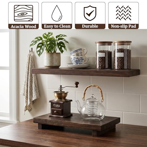 Wood Riser Tray Soap, Wood Pedestal Stand, Wooden Riser Kitchen Soap Dish Holder Rectangle Wooden Display Tray Decorative Rustic Bathroom Dishes Plant for Vanity, Counter, Sink (12 x 7 Inch,Brown)