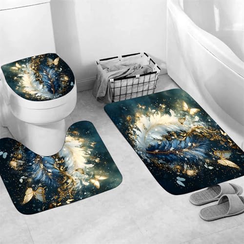 AZHM Luxury Dark Blue Gold Feather and Butterfly Shower Curtain Set 4 PCS Glittery Art Bathroom Decor Set with Non-Slip Rugs, Toilet Lid Cover & Bath Mat - color: Deep Blue