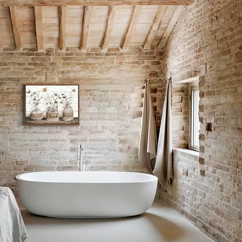BJVJKSU Framed Farmhouse Bathroom Wall Art Brown Rustic Cotton Flower Bathroom Canvas Wall Decor Relax Soak Unwind Sign Painting Print Vintage Aesthetic Picture Artwork Decor(12x16in) - color: Brown framed, size: 16"L x 12"W