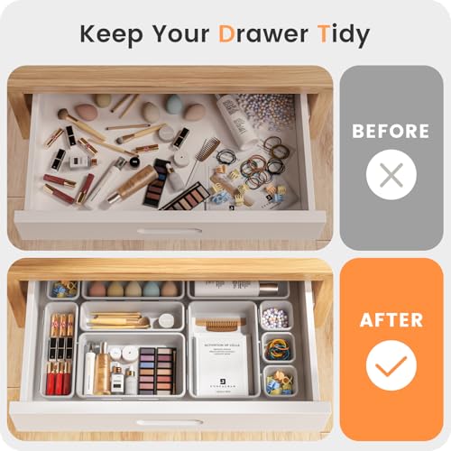 【Military Grade】A-LuGei Drawer Organizer,【𝟱𝗦𝗶𝘇𝗲】Makeup organizer,【Holds 177 Items】Bathroom Organizers and Storage,Organization and Storage,Desk Drawer Organizer for Vanity【White】 - color: White