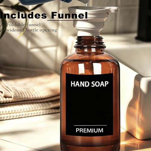 Amber 18 Oz Dish Soap Dispenser for Kitchen, Ultra-Thick Glass Soap Dispenser Set with Tray, Pump, Funnel for Bathroom, Liquid, Lotion, Shower, Laundry, (2 Pack with 12 Stickers) - color: Amber, size: 18Oz
