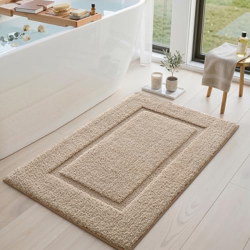 DEXI Small Bathroom Rugs 24x16, Washable Non Slip Bath Mat for Shower Floor, Absorbent Quick Dry Bathmat with Rubber Backing, Ultra Soft Plush Carpet for Tub, Beige - color: Beige, size: 24" X 16" (Rectangular)