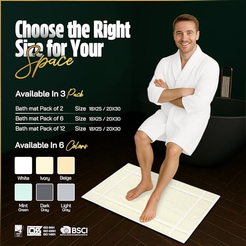 Pearl Linens Pack of 6 100% Cotton Bath Mat 18x25 inches, Soft & Absorbent Quick Dry Bathroom Mat Set, Not Bathroom Rugs, After Shower Mat, Bath Tub Mat, 781 GSM, Machine Washable, Ivory - color: Ivory, size: 18x25 - Set of 6