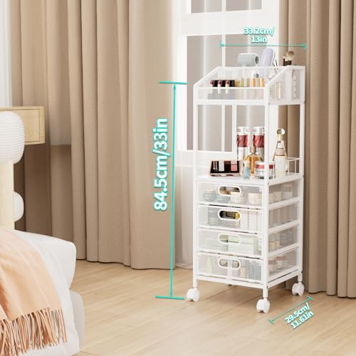 HapiRm Makeup Organizer Storage Cart - Floor Skincare Make Up Storage with 4 Drawers, Rolling Makeup Cart Vanity Organizer Cosmetics Display Cases Holder for Skin Care Perfume Nail Polish - color: White