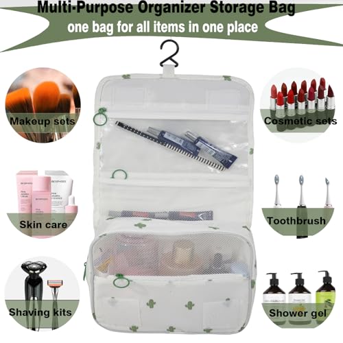 L&FY Toiletry Bag-Portable Haning Toiletry Bag For Women-Travel Makeup Organizer Cosmetic Bag with Compartment,Stury Hook (White Cactus/Travel Bag) - color: White Cactus, size: Compact Size