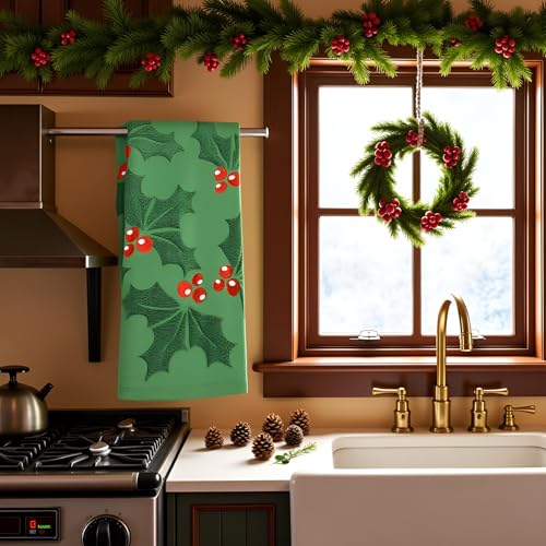 2 Pack Christmas Holly Berry Hand Towels 100% Cotton Jacquard Holiday Kitchen Dish Towels Retro Neutral Green Bathroom Towels Set Gift Seasonal Xmas Winter Bathroom Decor (Holly Berry Green) - color: Holly Berry Green