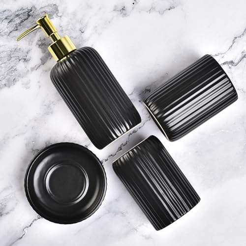 Black Bathroom Accessories Set, 4PC Ceramic Bathroom Sets Complete-Toothbrush Holders, Soap Dispenser, Soap Dish, Toothbrush Cup, Stylish Black Gold Bathroom Decor, Bathroom Organizer for Countertop - size: GBlack-4pcs