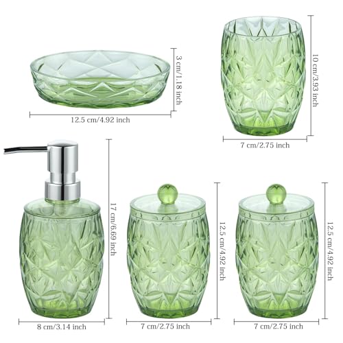Modern Shatterproof Acrylic Olive Green Bathroom Accessories Set – 5-Piece Glass-Free Vanity Set with Soap Dispenser, Toothbrush/Makeup Brush Holder, 2 Cotton Jars with Lids, and Soap Dish
