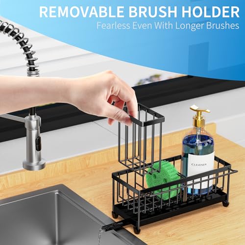 Cisily Sponge Holder for Kitchen Sink, Sink Caddy Organizer with High Brush Holder, Kitchen Countertop Organizers and Storage Essentials, Rustproof 304 Stainless Steel (Black with Towel Rack, 9.25″) - color: Black With Towel Rack - 9.25″