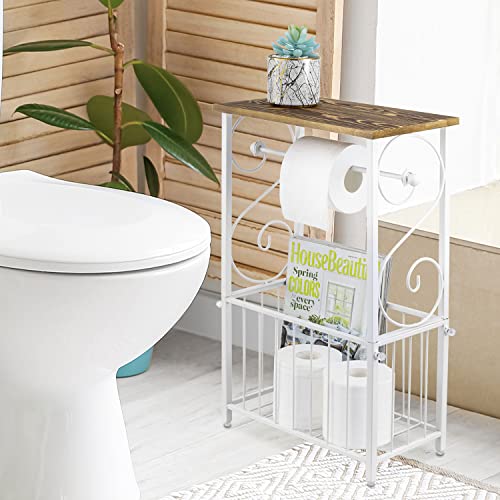 MyGift Toilet Paper Holder Stand with Shelf, Bathroom Table Stand Storage with Magazine Holder Basket, Scrollwork Design, White Metal - color: White