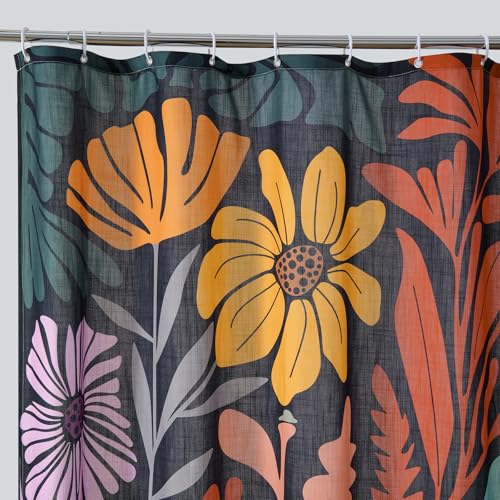 RoomTalks Black Floral Shower Curtain for Funky Aesthetic Bathroom Decor - Heavy Duty Modern Abstract Matisse Flowers Cute Colorful Botanical Shower Curtain Set - color: Colorful Black, size: 72"W x 72"L (Pack of 1)