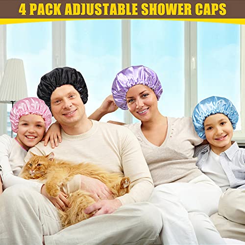 Fishent Shower Cap, 4 Packs Reusable Adjustable Double Layer Waterproof shower Caps for Women, Waterproof Bathing Shower Hat Hair Cap for Adult and Kids (Solid, Medium) - color: Solid, size: Medium