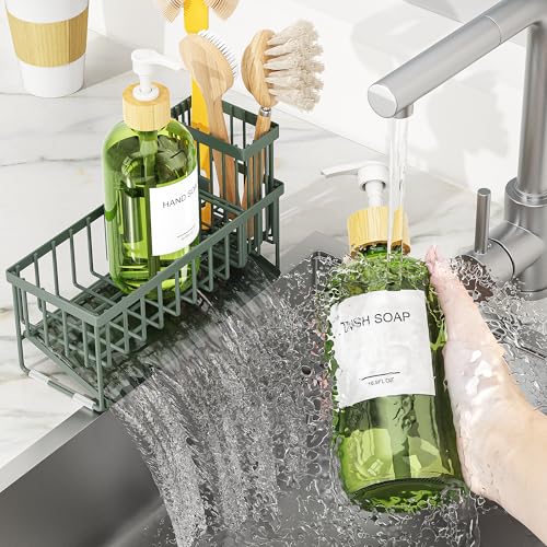 Cisily Sage Green Kitchen Dish Soap Dispenser, 16 fl Oz Dual Kitchen Soap Dispensers with Sponge Holder, Customized Stainless Steel Kitchen Soap Dispenser Set, Modern Hand and Dish Soap Bottle Set - color: Sage Green Sponge Holder + Green Bottle