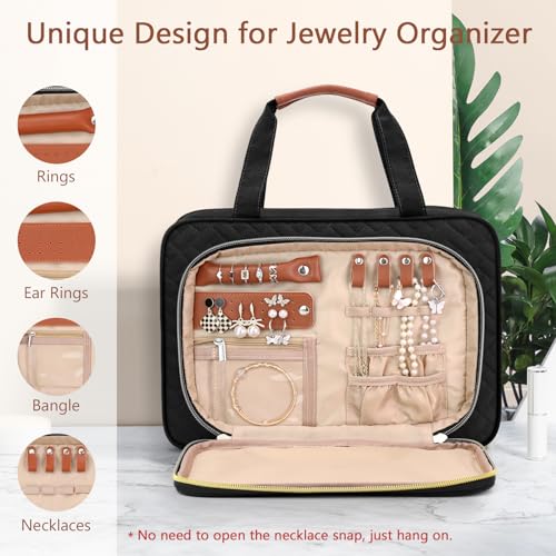 Wedama Toiletry Bag for Women, Hanging Travel Toiletry Bag with Jewelry Organizer Compartment Medium Makeup Bag, PVC Waterproof Cosmetic Travel Bag Trips Camping Bathroom, Black+Brown - color: Black, size: Medium, style: With Jewelry Organizer Compartment