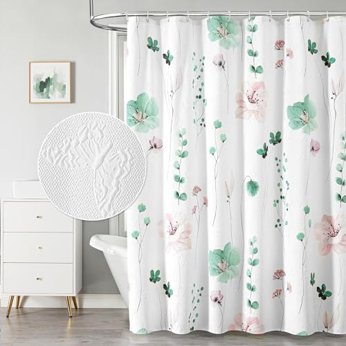 QiyI Watercolor Floral Shower Curtain, 3D Embossed Butterflies Sage Green Flower Bathroom Curtain, Minimalist White Cloth Bath Curtains, Waterproof Fabric Textured Shower Curtain Set with Hooks, 72x72 - color: Sage Green, size: 72"W x 72"L (Pack of 1)