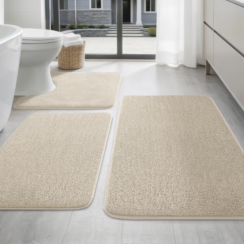 YIHOUSE Memory Foam Bathroom Rugs Sets 3 Piece - Extra Thick Soft Towel-Like Absorbent Bath Mat Set, Non Slip Machine Washable Bath Rugs Carpet for Bath, Tub and Shower, Beige - color: Beige, size: 1'8" x 2'8" (3 pieces)