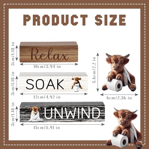 Cinnvoice 4 Pcs Highland Cow Bathroom Decor Farmhouse Bathroom Decoration Western Relax Soak Unwind Table Centerpiece Gift for Christmas Valentines Back to School - style: Relax Soak Unwind