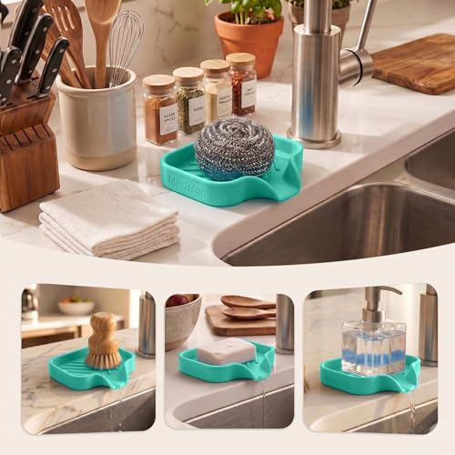 MicoYang Silicone Soap Dish with Drain Spout, Self-Draining Sink Organizer Tray for Bathroom and Kitchen, Sponges, Dispensers and Soap Holder, Non-Slip and Dishwasher Safe, Mint (Compact, 4.9"×3.2") - color: Mint, size: S(4.9"×3.2")