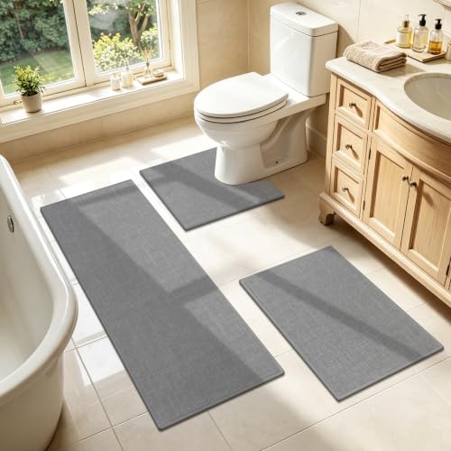 SHACOS 3 Piece Bath Mats Toilet Rug U-Shaped, No Slip Rubber Bath Rugs for Bathroom Toilet, Ultra Thin Bathroom Rugs Washable Quick Dry Absorbent Bathroom Mat (17"x24"+20"x32"+ U-20"x24") - color: Grey, size: 17"x24"+20"x32"+U20"x24"