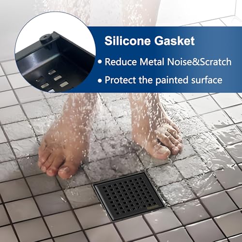 Neodrain Matte Black Square Shower Drain with Removable Quadrato Pattern Grate, 304 Stainless Steel Square Drain, CUPC Certified, with Hair Strainer and Lifting Hook (Matte Black, 4 in) - color: Matte Black, size: 4 IN