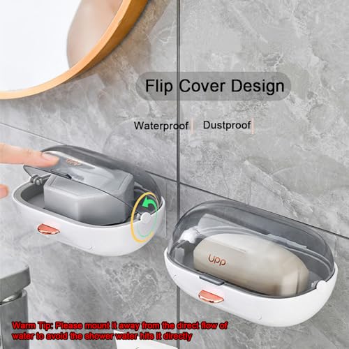 2 Pack Shower Soap Dish Holder with Lid, Bar Soap Holder with Drain, Wall Mounted Soap Box Container for Shower, Bathroom, Bathtub, Kitchen Sink, Adhesive Included - color: 2pcs White Wall-mounted