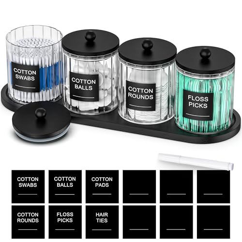 masadi 4 Pack Glass Qtip Holder Set with Tray- Bathroom Countertop Set Organizers, Cotton Round Swab Holder Dispenser Cotton Ball Holder, Apothecary Jars with Lids, Floss Pick Containers - ms Black