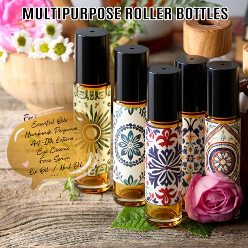Roll On Bottles 5 Pack Glass Roller Bottles for Essential Oils 10ml Amber | Empty Rollerball Bottle Thick Glass with Oil Perfume Lip Gloss DIY Kits Boho Stickers, Leak-Proof Refillable for Travel Gift - color: Amber, size: 5 Pack