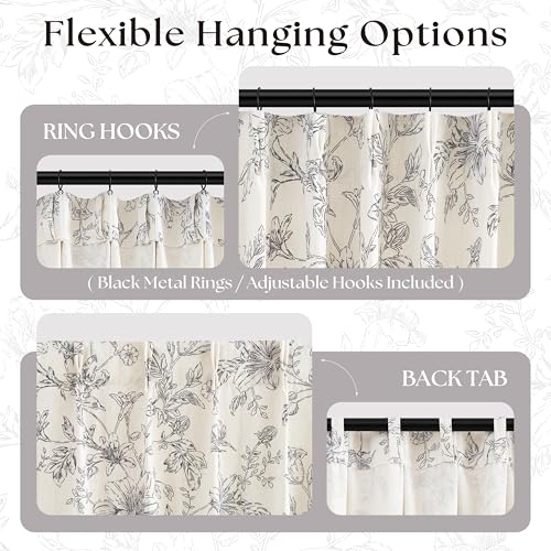 Short Linen Floral Pinch Pleated Curtains 36 Inches Long for Bathroom Black Farmhouse Light Filtering Lily Peony Flower Patterned Cafe Curtain Semi Sheer Drape for RV Camper Small Windows 2 Panels - color: Black, size: 40"W x 36"L (Pack of 2)