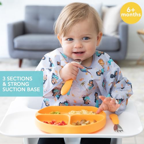 Bumkins Toddler and Baby Suction Plate, Silicone Divided Grip Dish, Babies and Kids, Baby Led Weaning, Children Feeding Supplies, Non Skid Sticky Bottom, Platinum Silicone, 6 Months Up, Tangerine - color: B8 Tangerine-GD