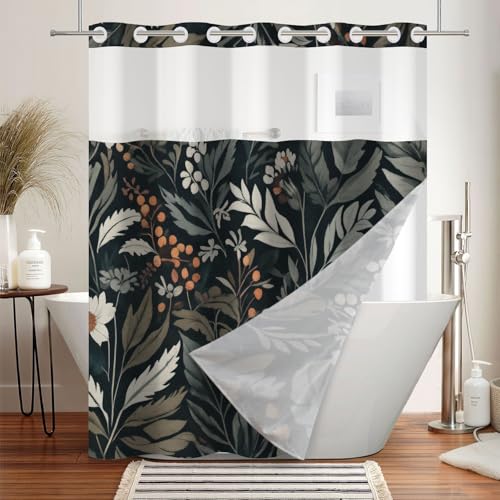 Boho No Hook Shower Curtain and Liner Set 71x74inch | Dark Botanical White Floral Pattern, Waterproof Fabric Bath Curtain for Farmhouse Bathroom with Breathable Mesh Top Window - color: Black 02