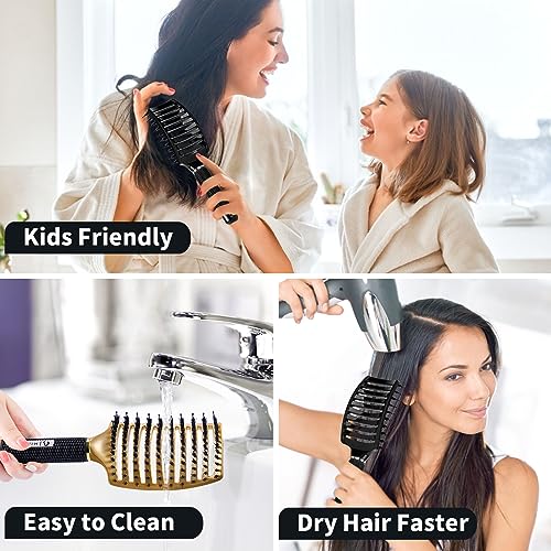 Boar Bristle Hair Brush Set of 2, HIPPIH Wet & Dry Hair Brushes Made by Fine Natural Boar Hair Can Adds Shine and Smoothing, Detangling Hairbrush for Women, Men & Kids' Long Curly Thick Hair - color: Black & Gold