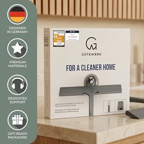 GÜTEWERK Silicone Shower Squeegee for Glass Doors & Mirrors with Stainless Steel Core, Streak-Free & No-Squeak Window Cleaning, 3-in-1 No-Drill Mount (Hook/Suction/Adhesive),Gray, 9 Inches - color: Gray, size: 9 Inches